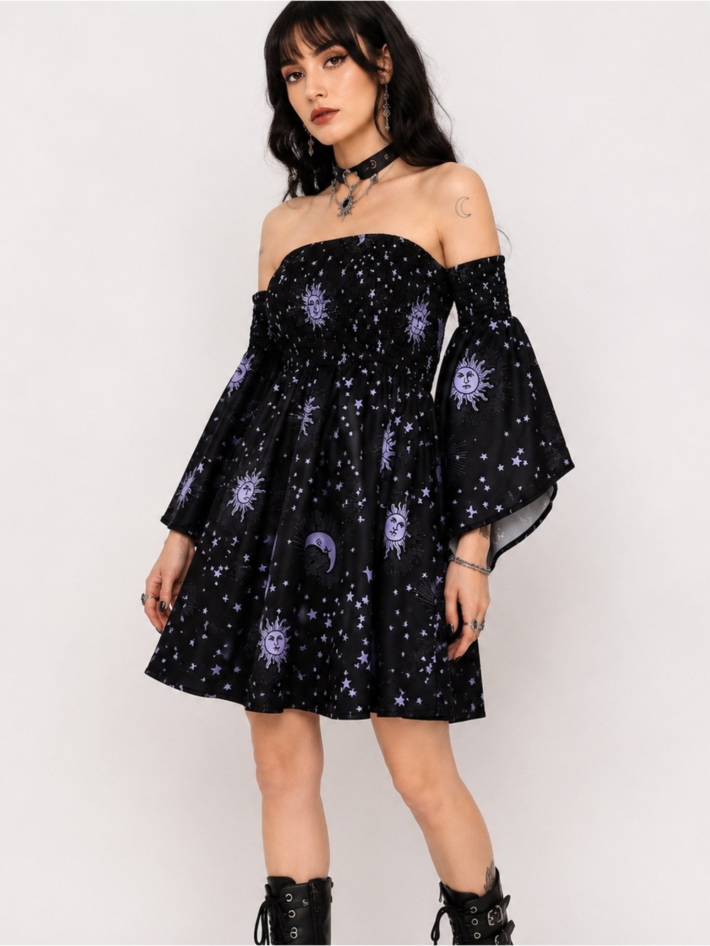 Romwe Celestial Off Shoulder Smocked Mini Dress Women SZ M Mystic Soft Boho Goth